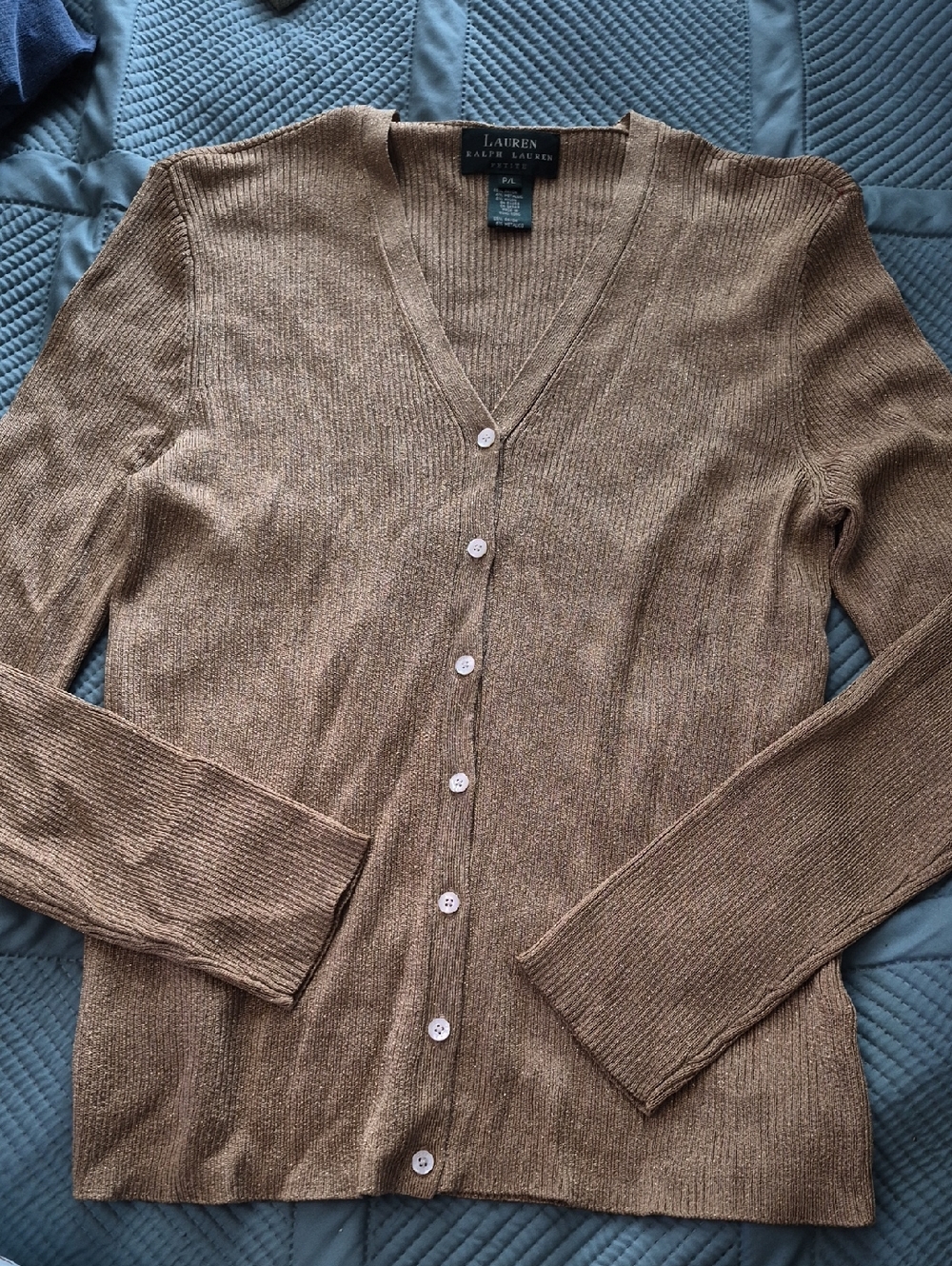 Lauren Ralph Lauren Metallic Brown V-Neck Button Cardigan